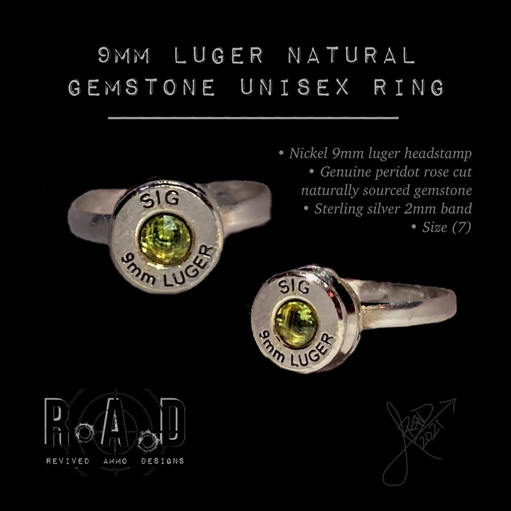 Sterling 9mm luger peridot size 7 ring